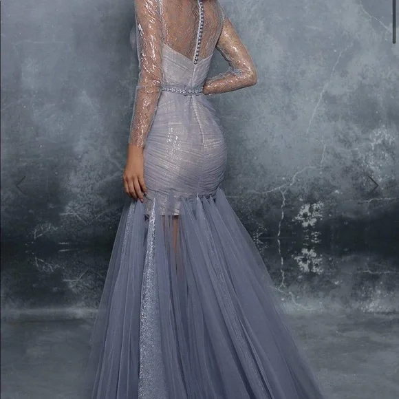 Tarik Ediz 96043 Illusion Long Sleeve Lace Bodice Tulle Mermaid Gown - Picture 2 of 12